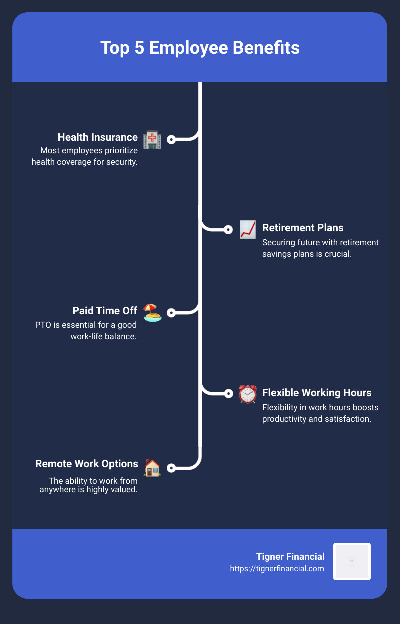 Infographic detailing the top 5 employee benefits based on a survey from 10+ companies, illustrating the percentage of employees who value each benefit: Health Insurance (87%), Retirement Plans (82%), Paid Time Off (76%), Flexible Work Hours (72%), and Remote Work Options (68%) - best benefits for employees infographic infographic-line-5-steps