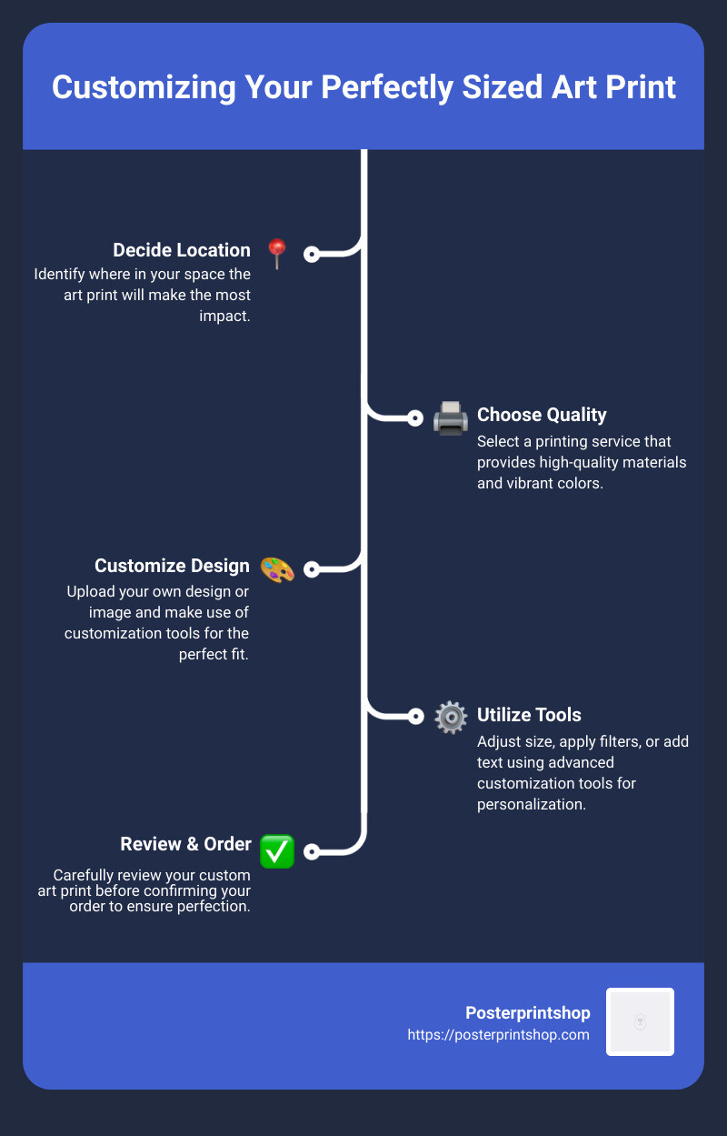 Infographic on Customizing Your Perfectly Sized Art Print: Steps include deciding location, choosing quality, customizing design, and utilizing tools for personalization - custom sized art prints infographic infographic-line-5-steps