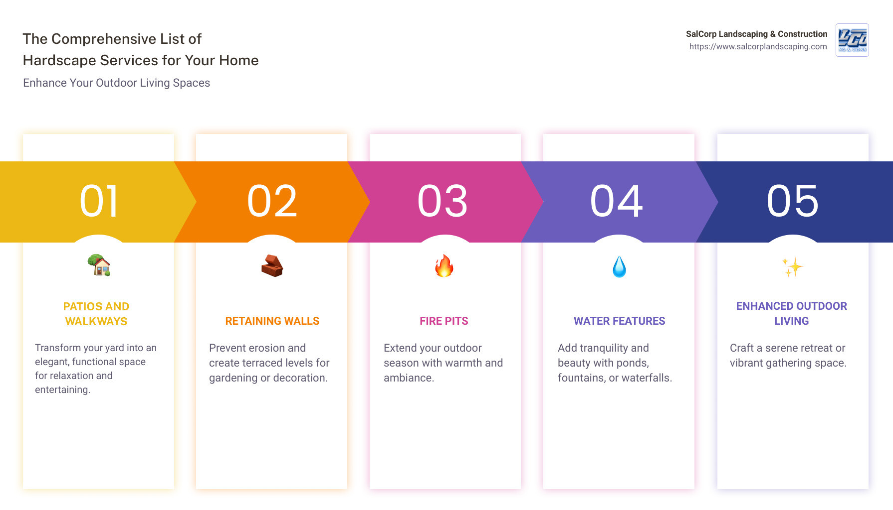 Infographic depicting the range of hardscape services including patios, walkways, retaining walls, and fire pits with icons representing each service and their potential impact on outdoor living spaces - hardscape services infographic pillar-5-steps