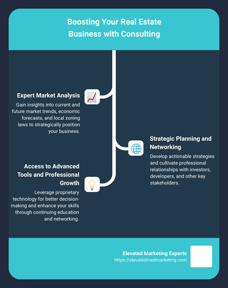 Infographic detailing: 1. The role of a real estate consultant. 2. The benefits of consulting services for real estate agents including market analysis, strategic planning, and professional development opportunities. 3. A comparative analysis of the outcomes for real estate agents who utilize consulting services vs. those who do not. - consulting for real estate agents infographic infographic-line-3-steps