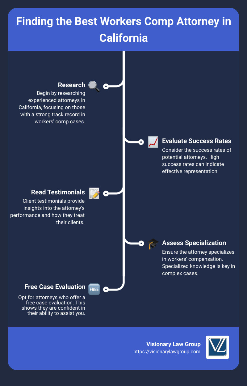 Infographic detailing the steps to find the best workers comp attorney in California, including key factors like experience, client testimonials, and success rates - best workers comp attorneys in california infographic infographic-line-5-steps