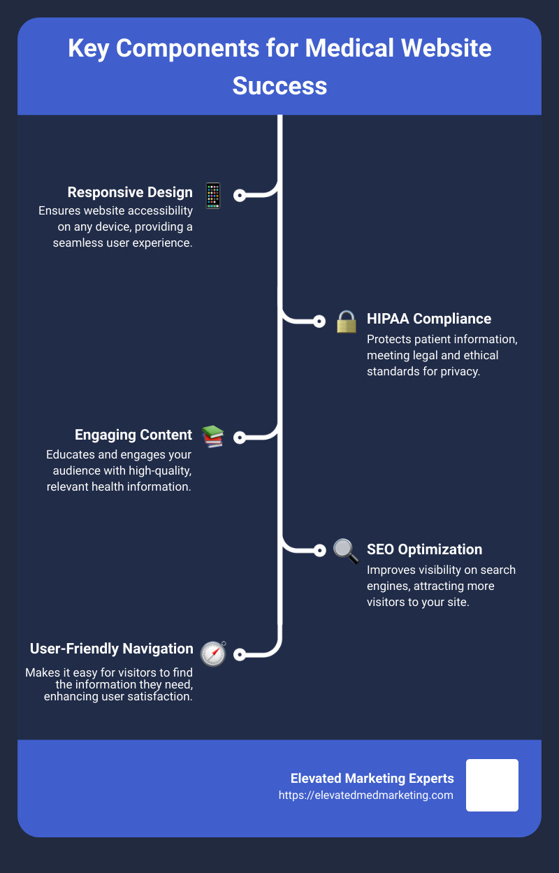 Infographic on the key components and timeline for medical website development, highlighting the need for a responsive design, security measures like HIPAA compliance, essential features like mobile-friendliness and SEO, and an average cost range showing the investment needed for different levels of complexity. - medical website design and development infographic infographic-line-5-steps