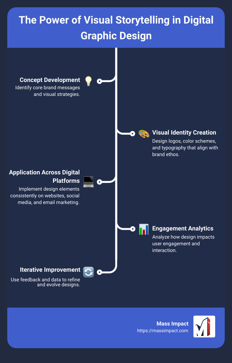 A detailed infographic showing the steps of visual storytelling through digital graphic design, including concept development, visual identity creation, application across digital platforms, and analysis of engagement metrics to illustrate the journey from brand message to audience impact - digital graphic design services infographic infographic-line-5-steps