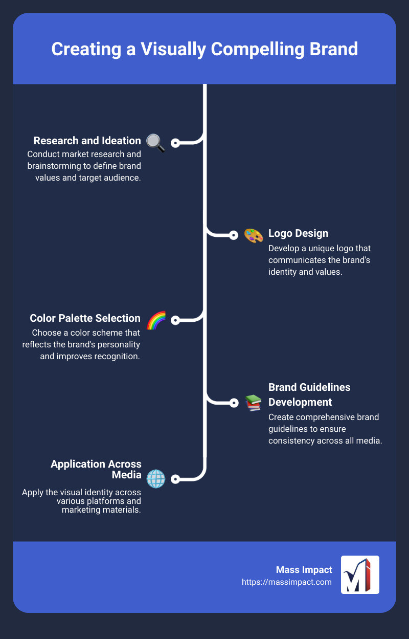 A detailed infographic showing the process of transforming a basic business concept into a visually compelling brand, including stages such as research and ideation, logo design and choice of color palette, development of brand guidelines, and application across various media. - graphic design and branding services infographic infographic-line-5-steps