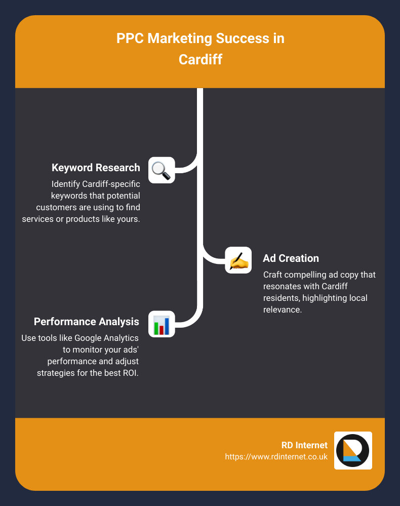 Detailed infographic depicting the process of setting up a PPC campaign specific to Cardiff, including steps such as selecting Cardiff as the targeted location, choosing relevant local keywords, setting a budget based on local competition, and creating ad copy that resonates with Cardiff residents. The infographic also highlights the importance of monitoring and adjusting campaigns based on performance analytics to ensure the best ROI for Cardiff-based businesses. - ppc marketing cardiff infographic infographic-line-3-steps