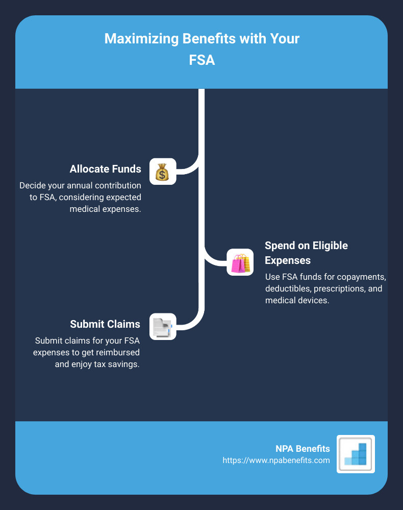 This infographic details the types of medical expenses eligible for FSA coverage, including prescription drugs, medical devices, insulin, and various out-of-pocket costs. It outlines the process from setting aside pre-tax dollars to submitting claims for reimbursement, highlighting the tax savings benefits and the potential for employers to contribute to FSA accounts. - eligible flexible spending expenses infographic infographic-line-3-steps