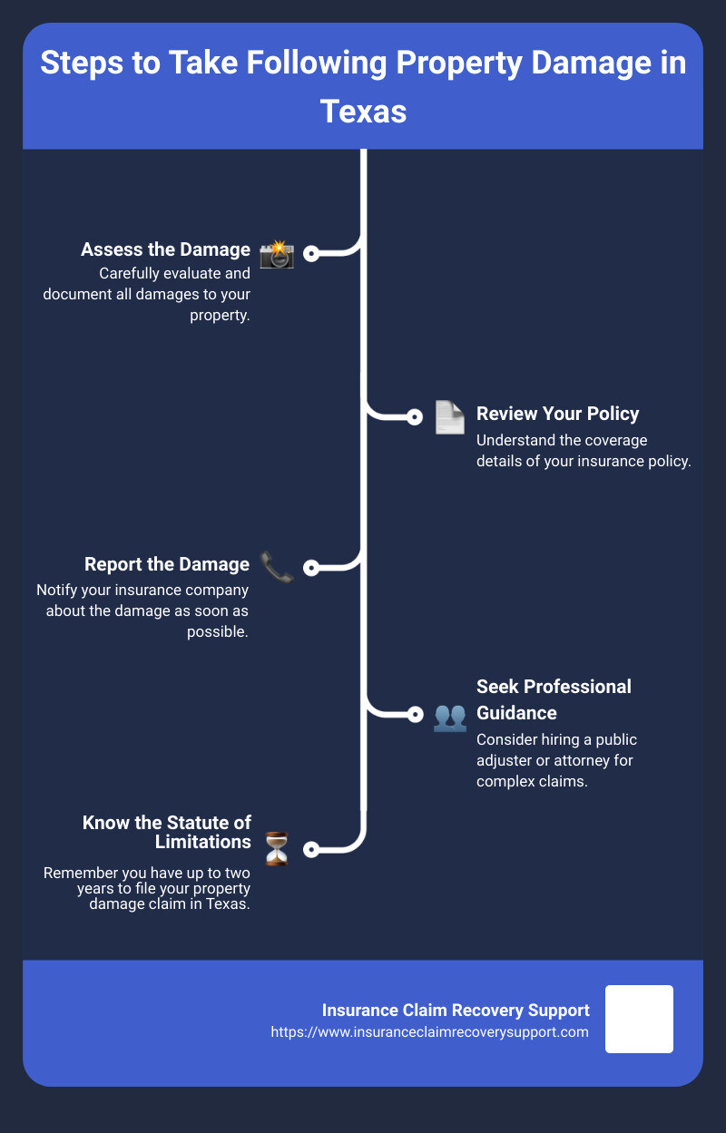 Infographic: Steps to Take Following Property Damage in Texas - 1. Assess and document the damage. 2. Review your insurance policy for coverage details. 3. Report the damage to your insurance company as soon as possible. 4. If necessary, seek professional guidance from a public adjuster or legal advisor. 5. Understand Texas' two-year statute of limitations for filing a property damage claim. - property damage claims in texas infographic infographic-line-5-steps