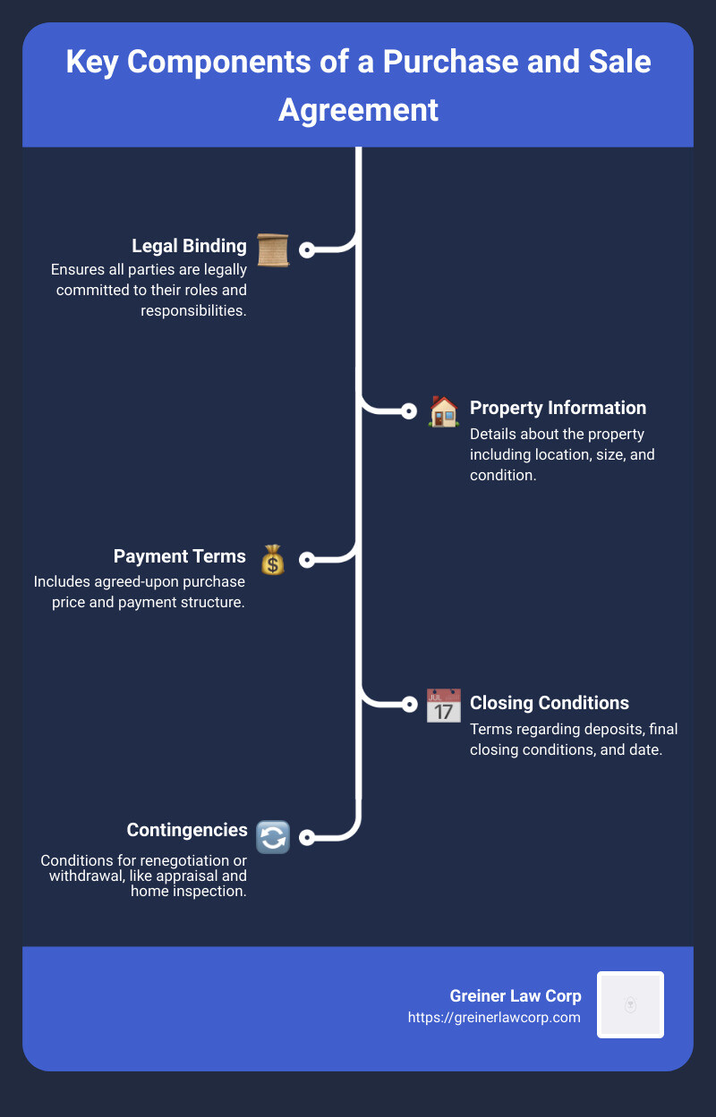 Infographic detailing the structure and crucial elements of a purchase and sale agreement for a business owner exploring real estate transactions. It includes segments on legal binding nature, key components such as property details, transaction terms, and risk management aspects like contingency clauses and dispute resolution techniques. - purchase and sale agreement infographic infographic-line-5-steps