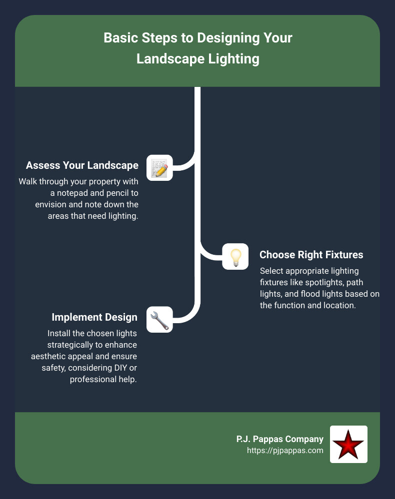 Detailed infographic on designing a basic landscape lighting plan - how to design a landscape lighting plan infographic infographic-line-3-steps