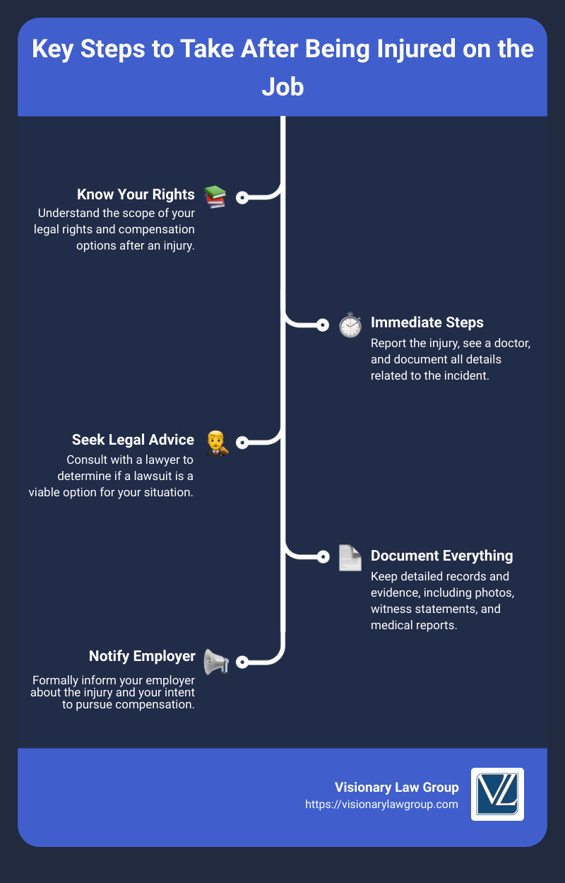 Key steps to take after being injured on the job - injured on the job lawsuit infographic infographic-line-5-steps