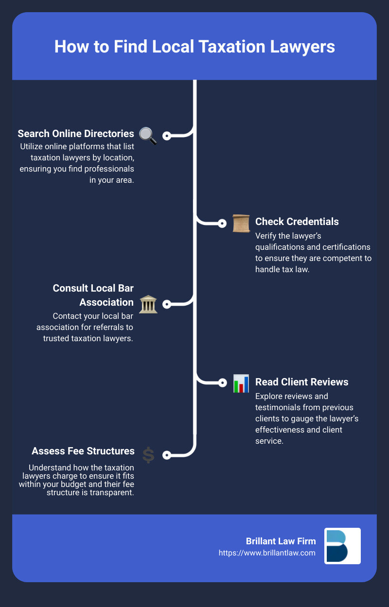 Detailed infographic showing the steps to find local taxation lawyers, highlighting the importance of checking credentials, understanding fee structures, and considering local expertise - taxation lawyers near me infographic infographic-line-5-steps