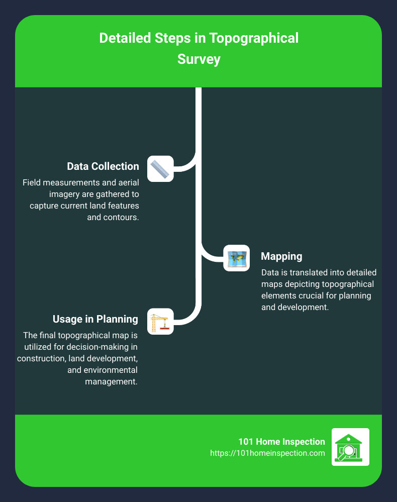 Detailed topographic survey infographic showing steps from data collection to mapping and final usage in planning and development - land survey topography infographic infographic-line-3-steps