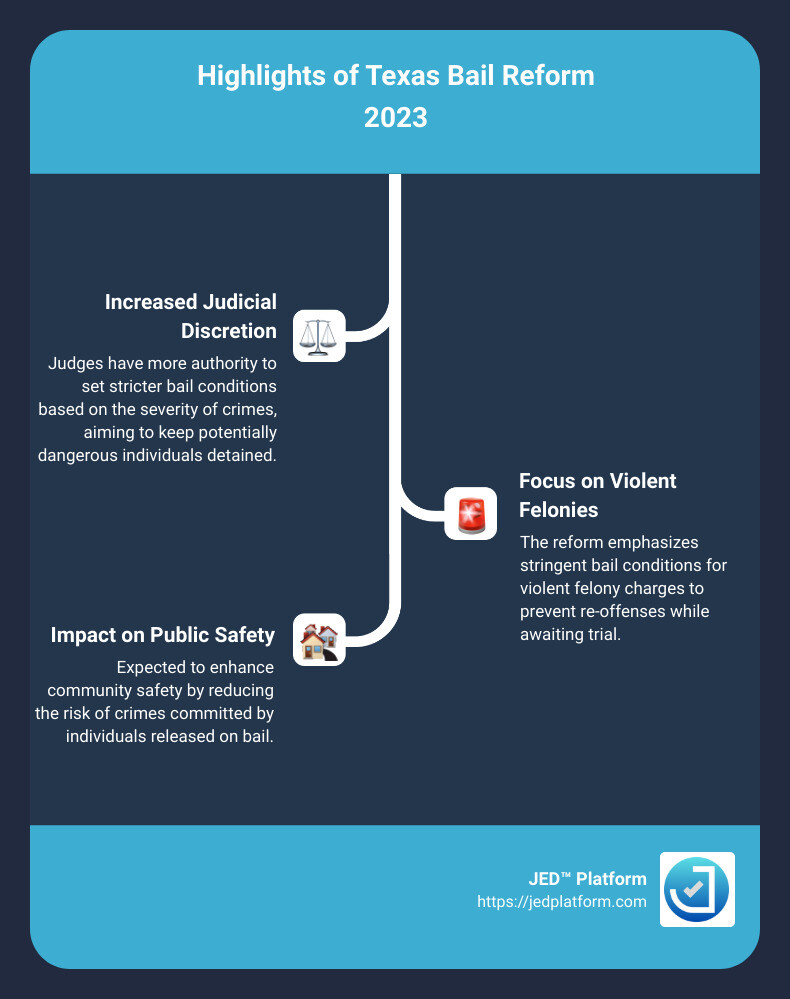 Understanding Texas Bail Reform 2023: The Complete Guide 1 Infographic detailing Texas Bail Reform 2023: Highlights include increased judicial discretion, a focus on violent felonies, and the impact on public safety - texas bail reform 2023 infographic infographic-line-3-steps