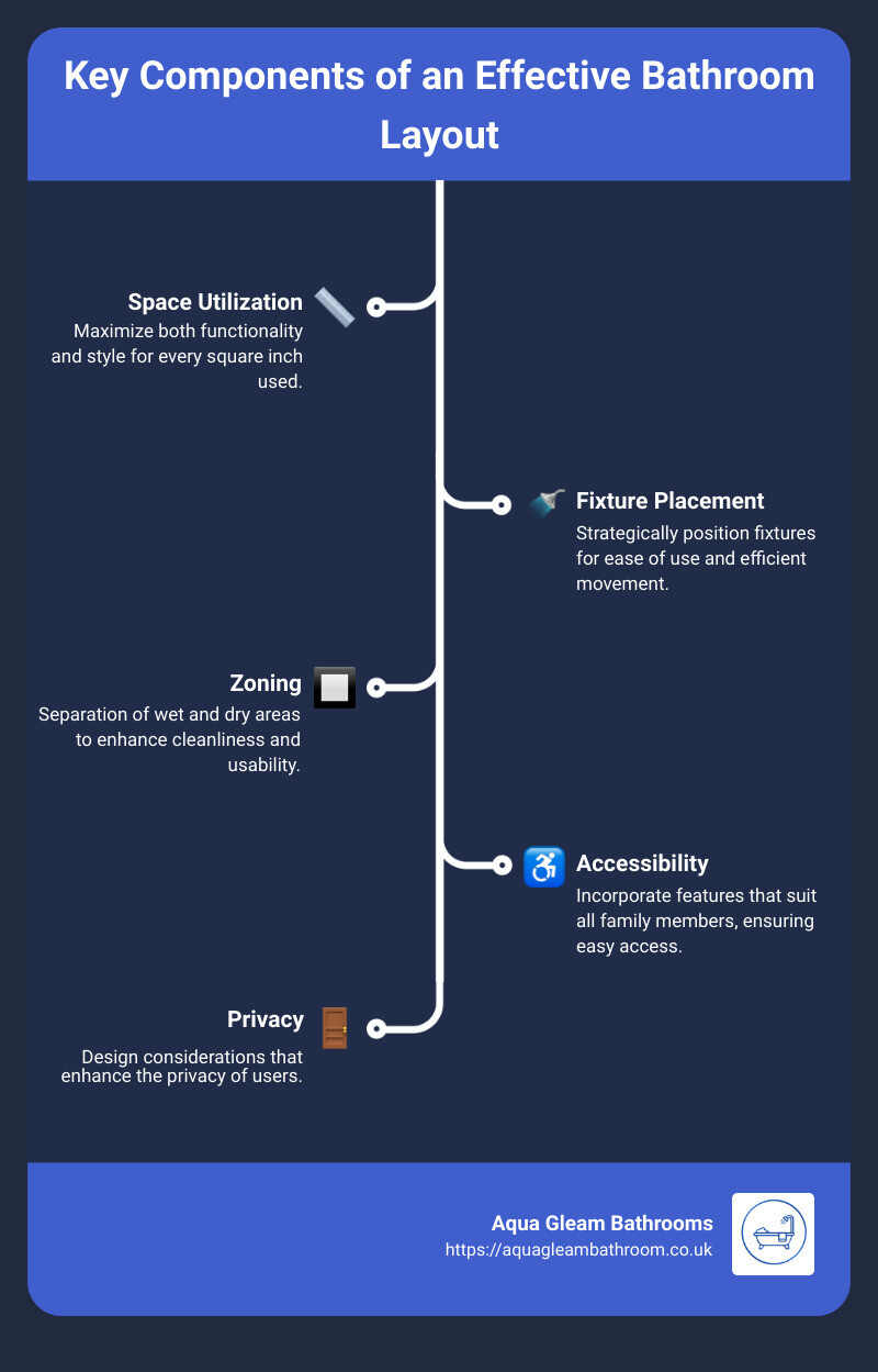 Infographic detailing the key components of an effective bathroom layout such as optimal spacing, fixture placement, and zoning areas - bathroom layout infographic infographic-line-5-steps