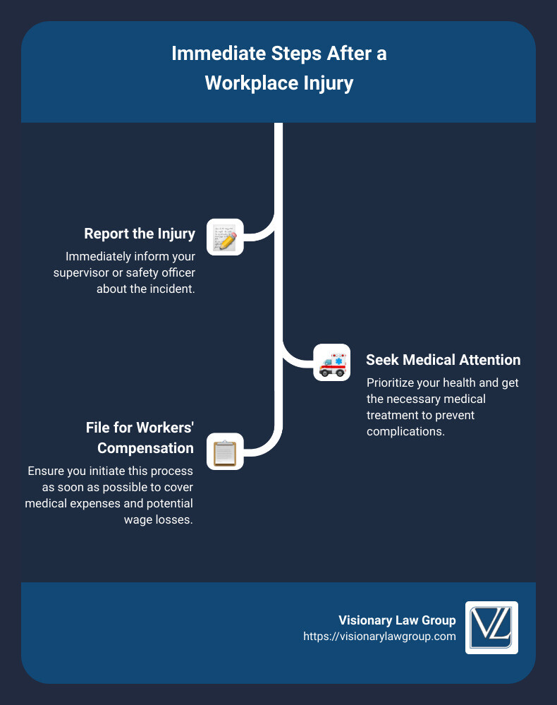 Detailed infographic showing steps to take after experiencing a workplace injury including reporting the injury, seeking medical care, and contacting Visionary Law Group for legal support - injured infographic infographic-line-3-steps