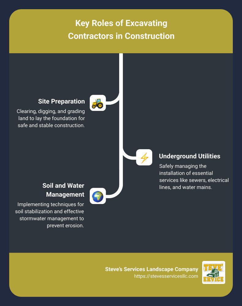 Infographic detailing the roles and tasks of excavating contractors in construction, including site preparation, earth moving, grading, and installation of underground utilities, showcasing their crucial role in ensuring project success and structural integrity - what do excavating contractors do infographic infographic-line-3-steps