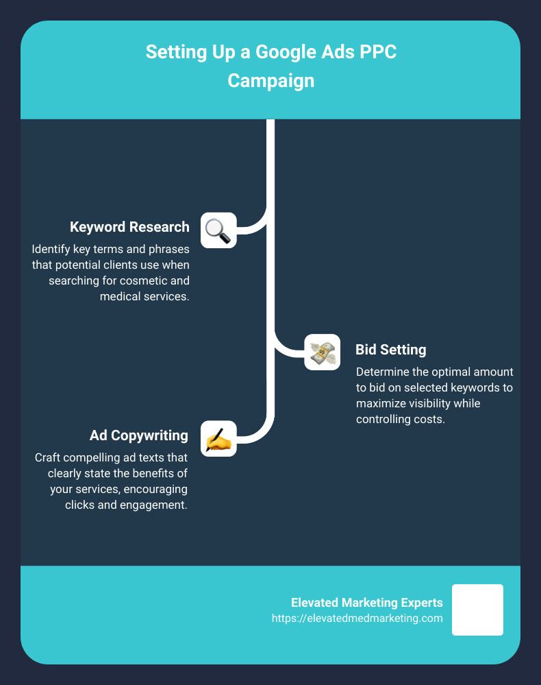 Detailed infographic showing the process of setting up a Google Ads PPC campaign, covering aspects such as keyword research, bid setting, ad copywriting, and initial campaign analysis. It includes a visual flowchart of steps from campaign conception to launching and early stage monitoring. - google ads ppc management infographic infographic-line-3-steps