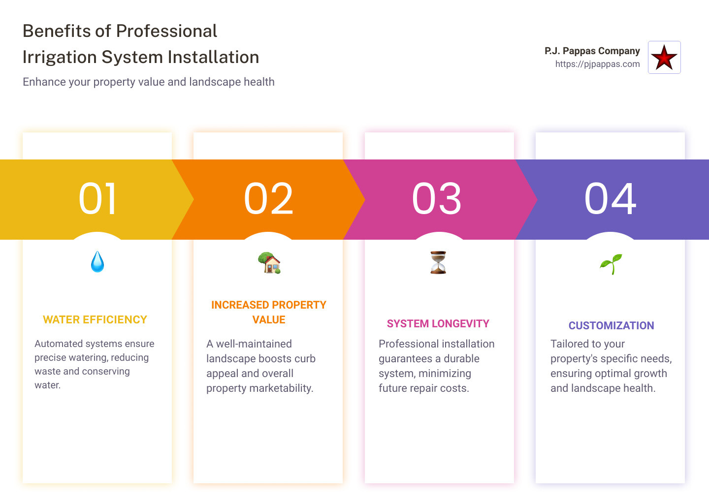 Detailed infographic showing benefits of professional irrigation system installation including water efficiency, increased property value, and system longevity - irrigation system installers infographic pillar-4-steps