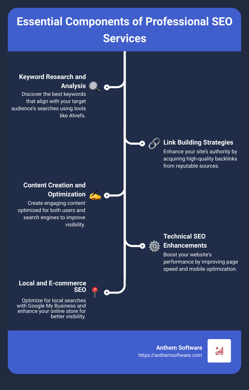 Infographic on the essential components of professional SEO services and their impact on business growth - professional seo services infographic infographic-line-5-steps