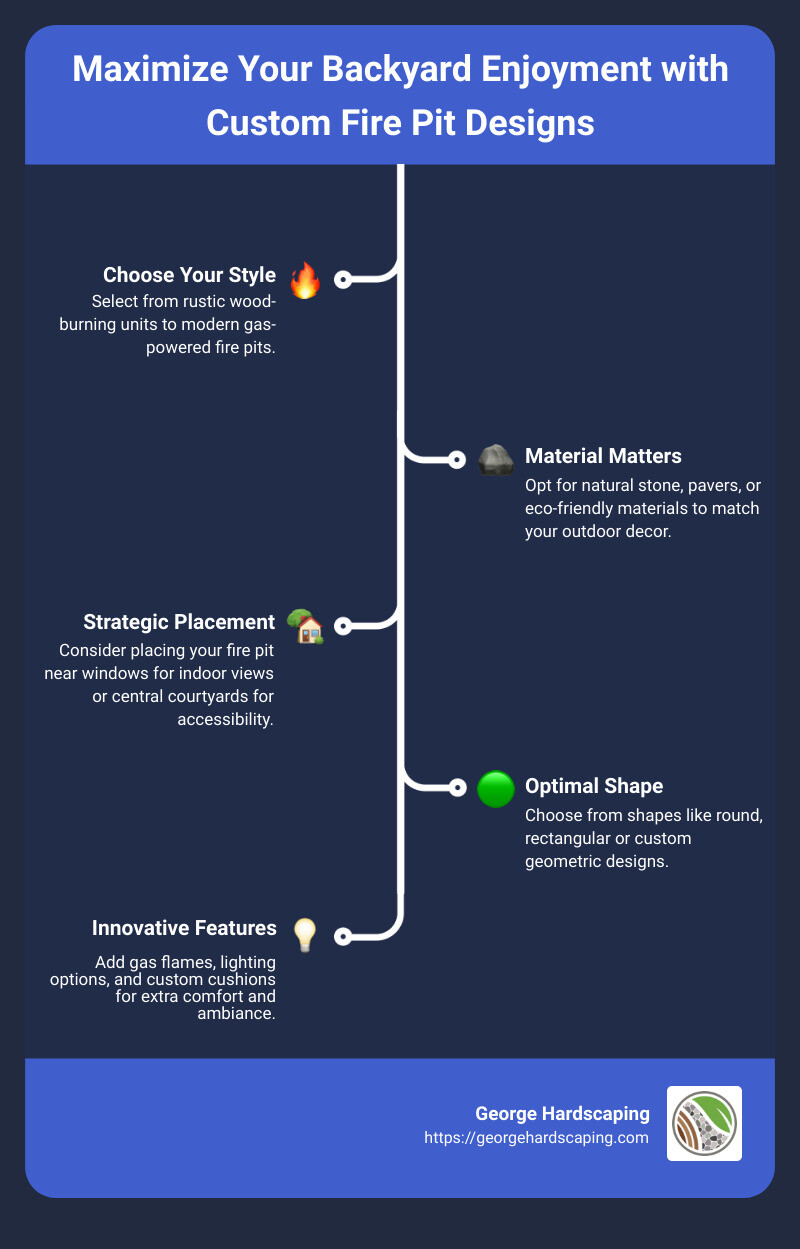 Infographic detailing popular custom fire pit designs, materials, and placement tips to maximize backyard enjoyment - custom fire pit ideas infographic infographic-line-5-steps