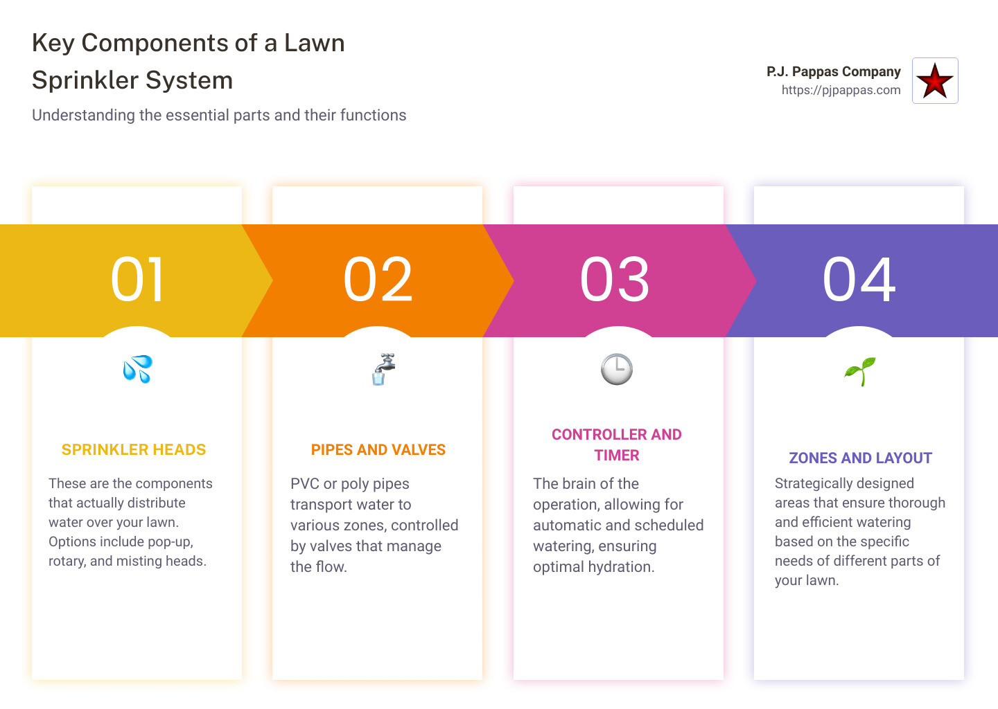 Detailed infographic on lawn sprinkler system components and water savings - lawn sprinkler system installation infographic pillar-4-steps