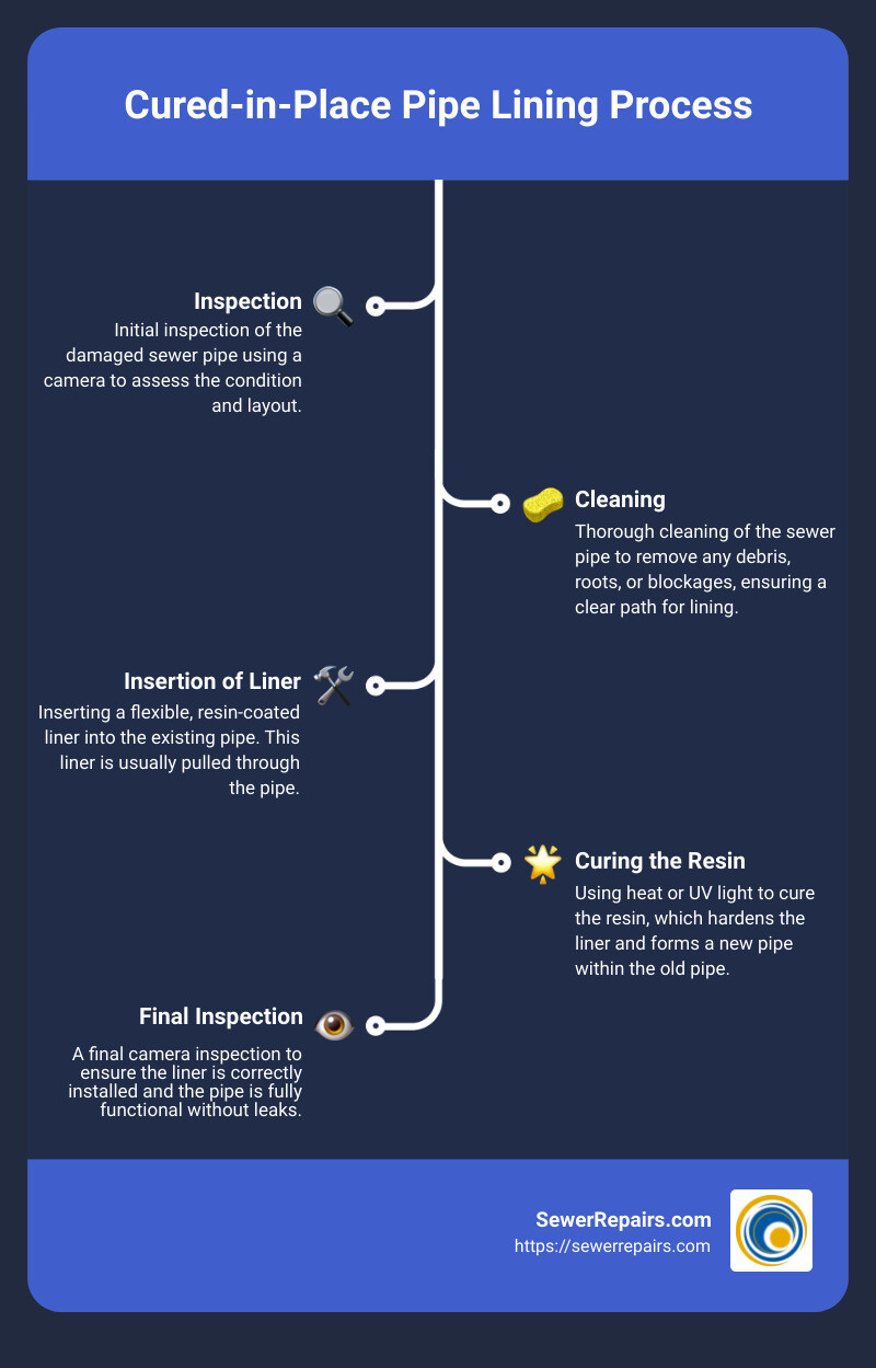 Detailed infographic showing the steps of Cured-in-Place Pipe lining process - problems with trenchless sewer repair infographic infographic-line-5-steps