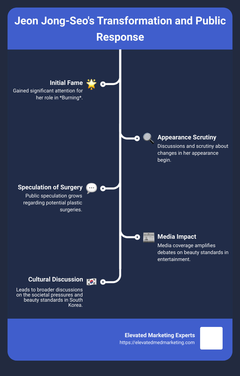 Infographic detailing Jeon Jong-seo's transformation and the public's response to her alleged plastic surgeries - jeon jong-seo plastic surgery infographic infographic-line-5-steps