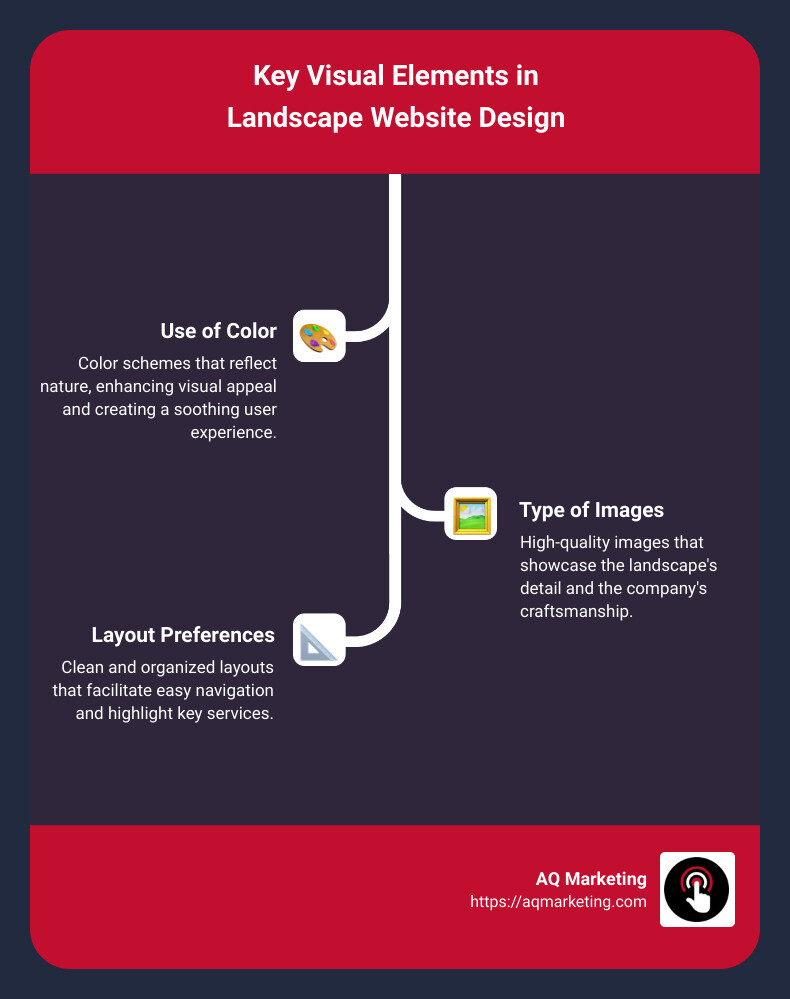Detailed infographic showing key visual elements in landscape website design: use of color, type of images, layout preferences, and navigation tips - landscape company website design infographic infographic-line-3-steps