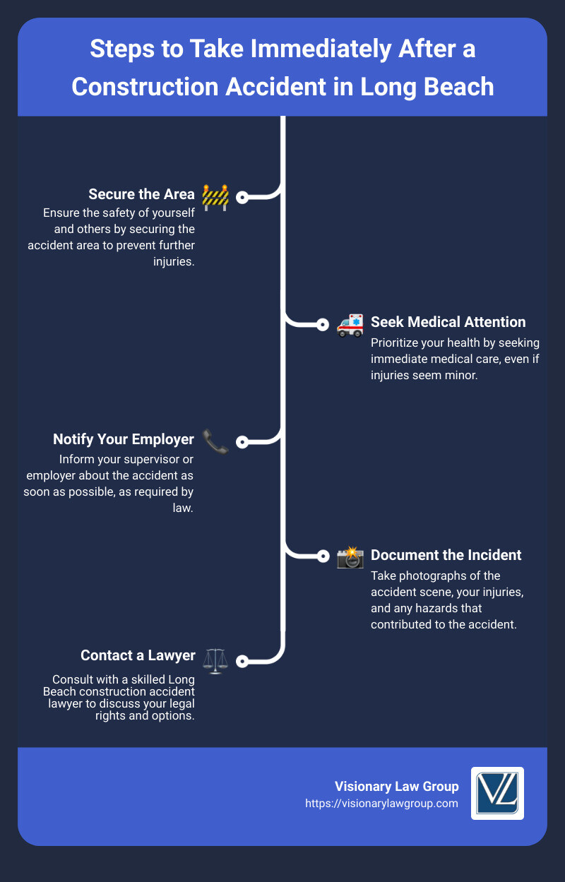 Infographic describing the step-by-step process on what to do immediately following a construction accident in Long Beach, including securing the area, seeking medical attention, notifying your employer, and contacting a specialized Long Beach construction accident lawyer - long beach construction accident lawyer infographic infographic-line-5-steps