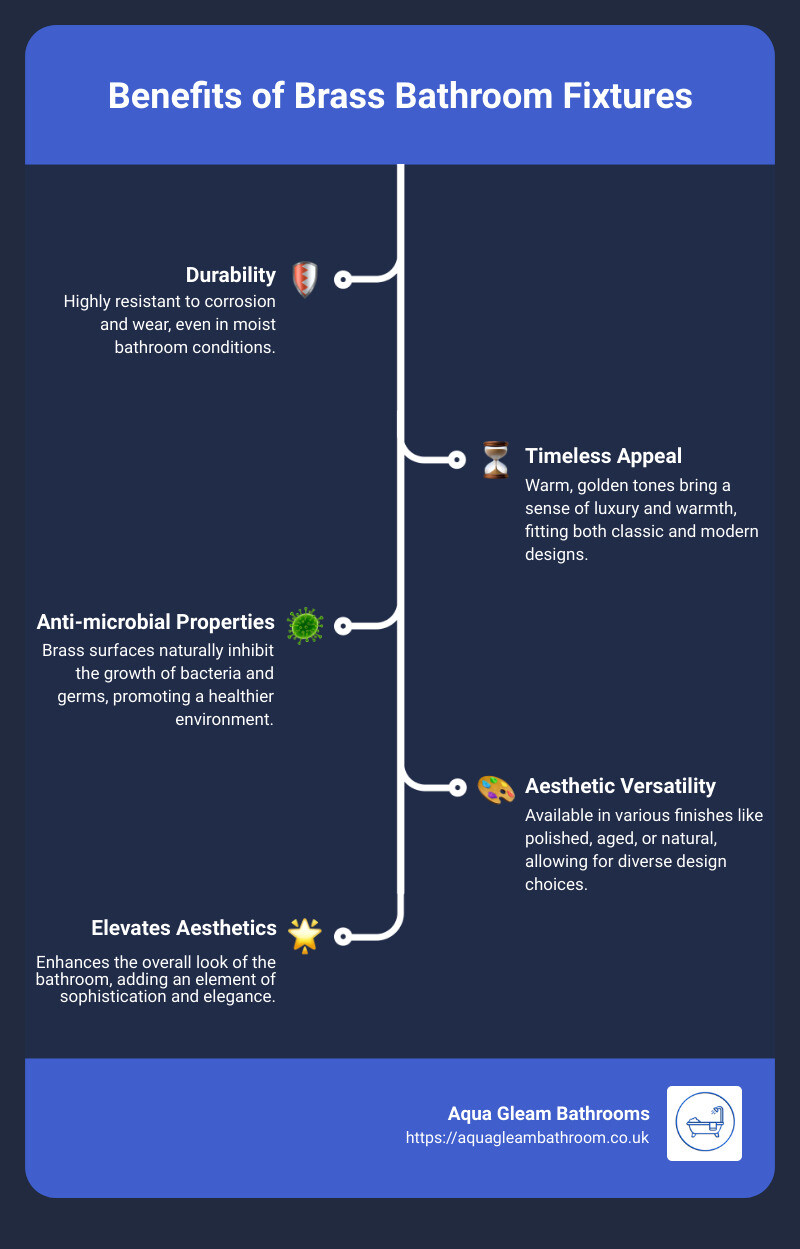 Detailed infographic showing the benefits of brass bathroom fixtures including durability, timeless appeal, and anti-microbial properties - brass bathroom infographic infographic-line-5-steps