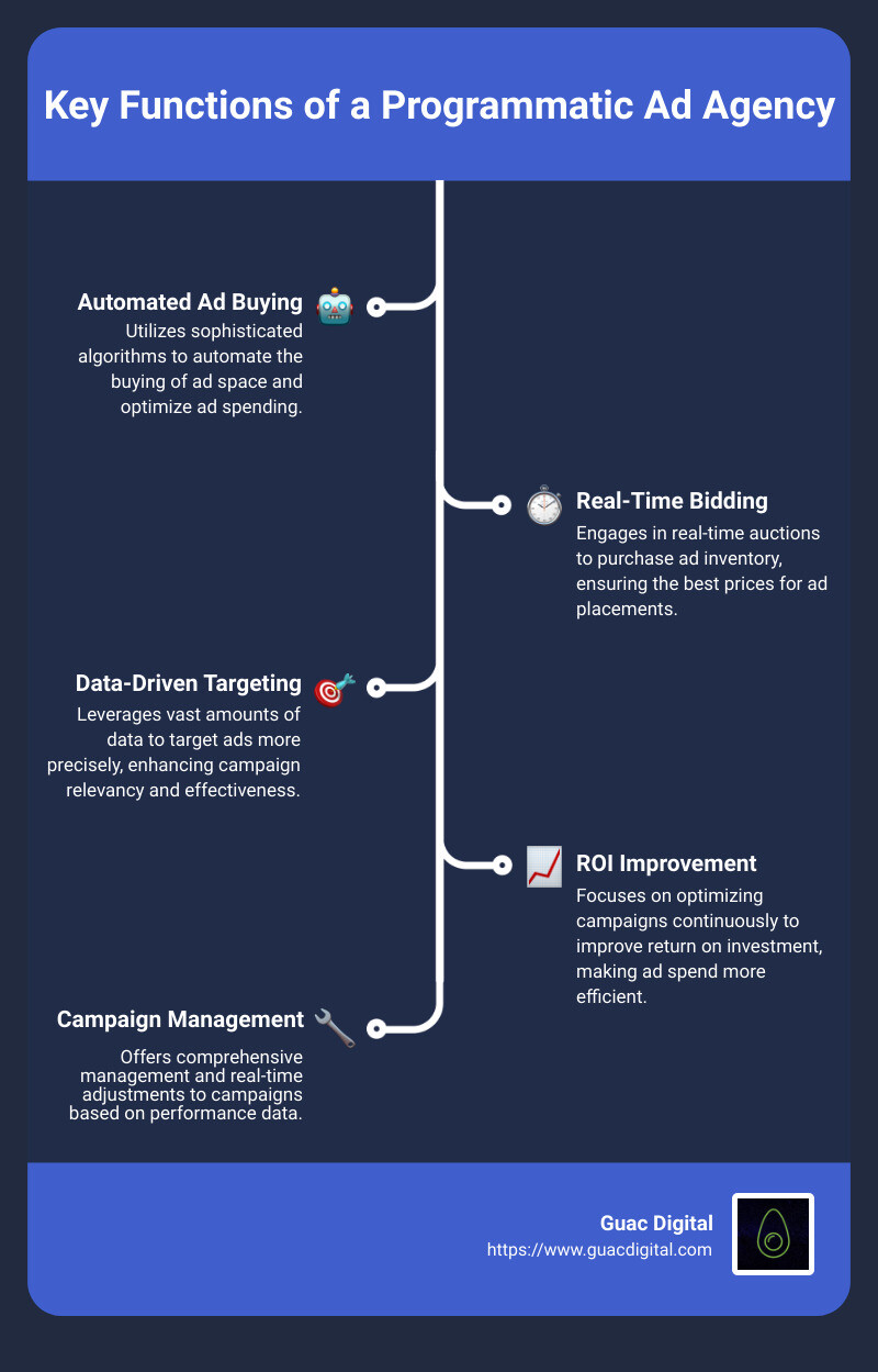This infographic explains the key functions of a programmatic ad agency, highlighting automated ad buying, real-time bidding, use of data for targeting, and ROI improvement. - programmatic ad agency infographic infographic-line-5-steps