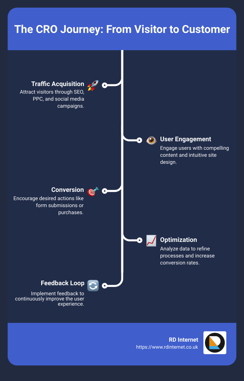 Detailed infographic showing the process of CRO from visitor to customer, illustrating steps like traffic acquisition, user engagement, conversion, and optimization feedback loop - conversion rate optimisation sydney infographic infographic-line-5-steps Detailed infographic showing the process of CRO from visitor to customer, illustrating steps like traffic acquisition, user engagement, conversion, and optimization feedback loop - conversion rate optimisation sydney infographic infographic-line-5-steps