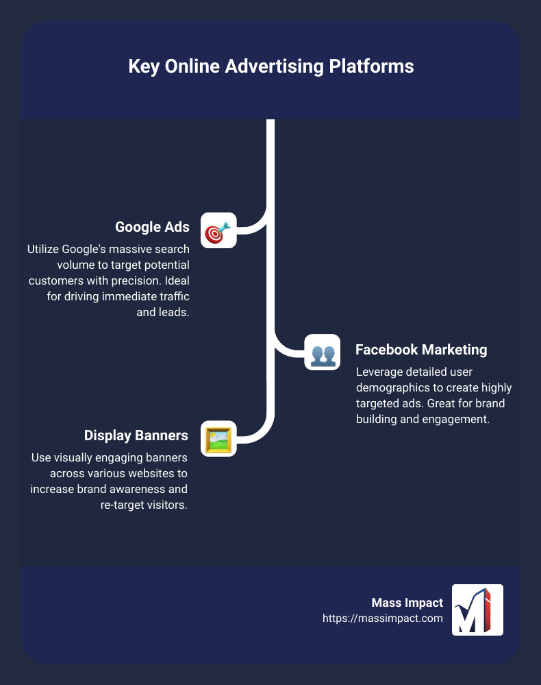 Infographic detailing key online advertising platforms, their uses in different industries, typical costs, and average ROI figures to expect - advertising services infographic infographic-line-3-steps