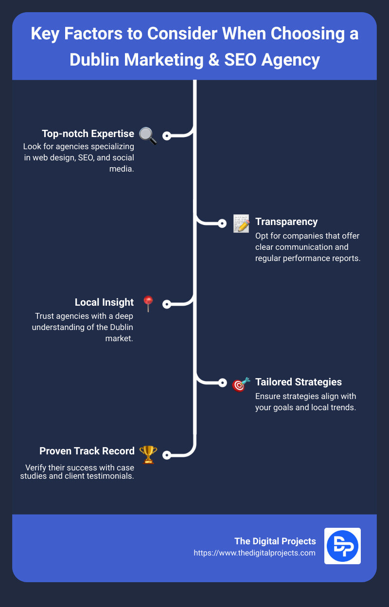 Key factors to consider when choosing a Dublin marketing & SEO agency: Expertise, Transparency, Local Knowledge - dublin marketing & seo agency infographic infographic-line-5-steps