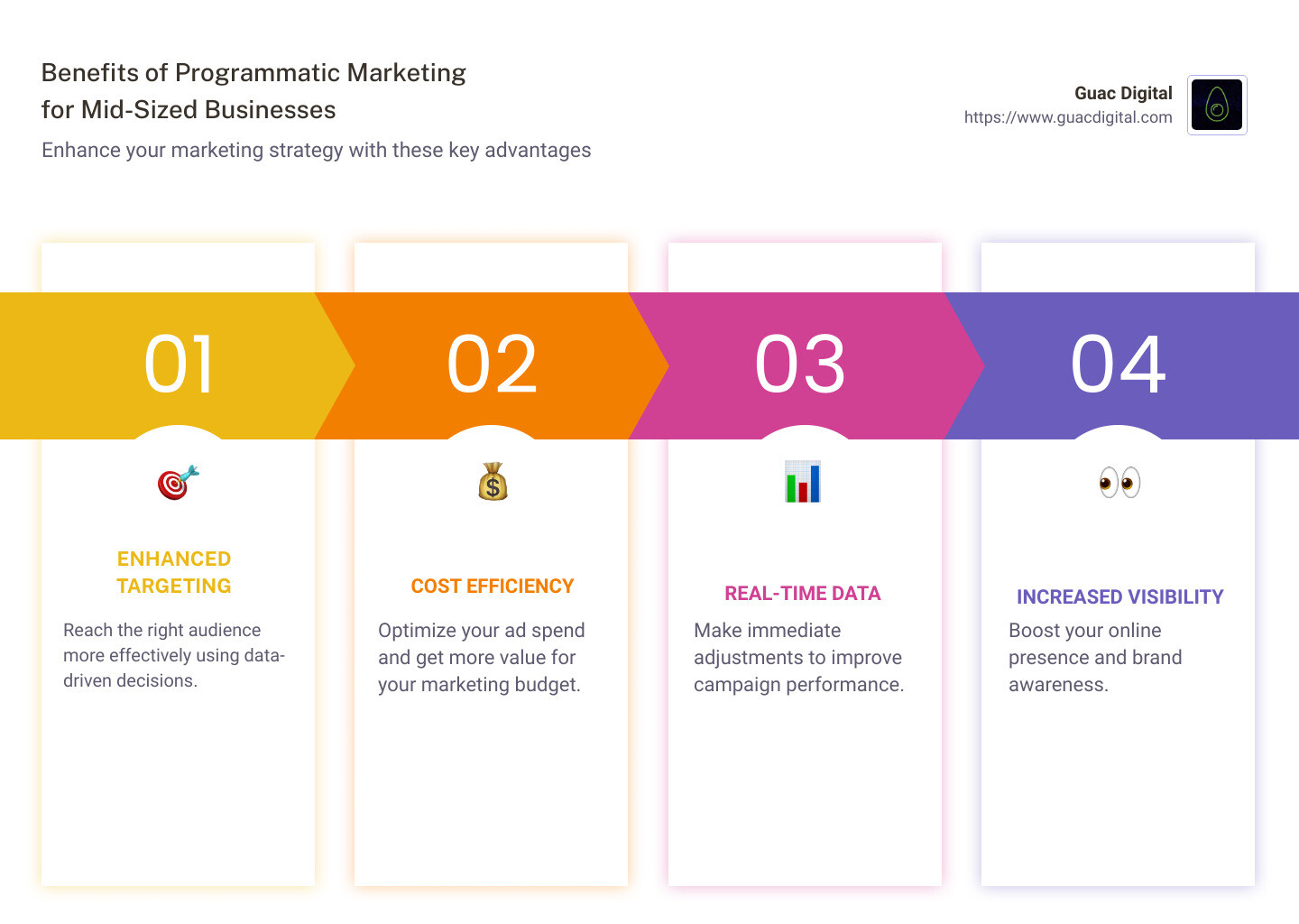 Infographic: Benefits of Programmatic Marketing for Mid-Sized Businesses. Highlights: Enhanced Targeting, Cost Efficiency, Real-Time Data, Increased Visibility, and ROI. - programmatic marketing agency infographic pillar-4-steps