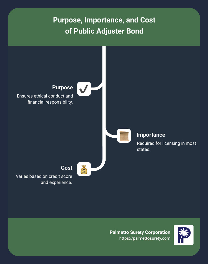 A comprehensive guide to public adjuster bond requirements 1 Infographic on public adjuster bond - purpose, importance, and cost - public adjuster bond infographic infographic-line-3-steps