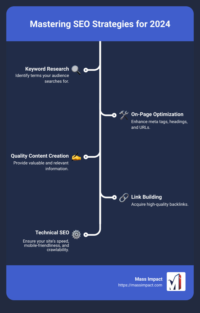 SEO Strategy Infographic: Keyword research, on-page optimization, quality content, link building, technical SEO - seo strategy in digital marketing infographic infographic-line-5-steps