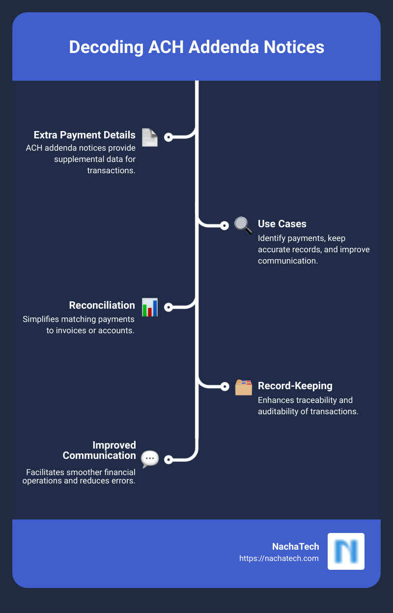 Infographic explaining ACH addenda notices, highlighting key points such as extra payment details, use cases, and benefits in reconciliation and record-keeping. - what is an ach addenda notice infographic infographic-line-5-steps