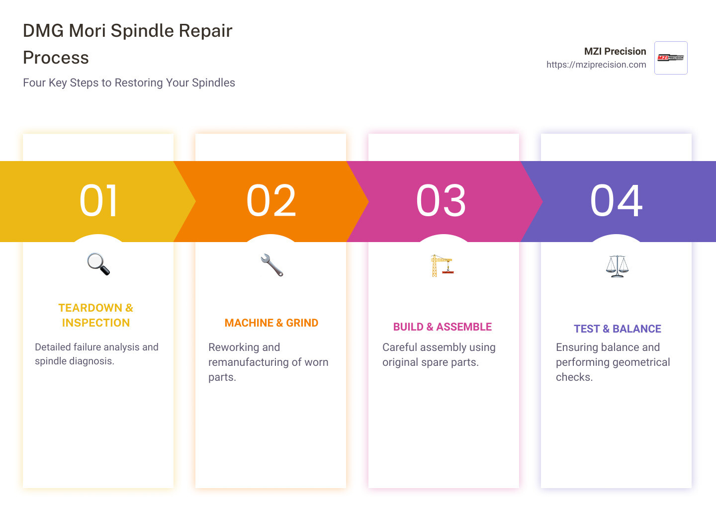 DMG Mori Spindle Repair Process Explained - dmg mori spindle repair infographic pillar-4-steps DMG Mori Spindle Repair Process Explained - dmg mori spindle repair infographic pillar-4-steps