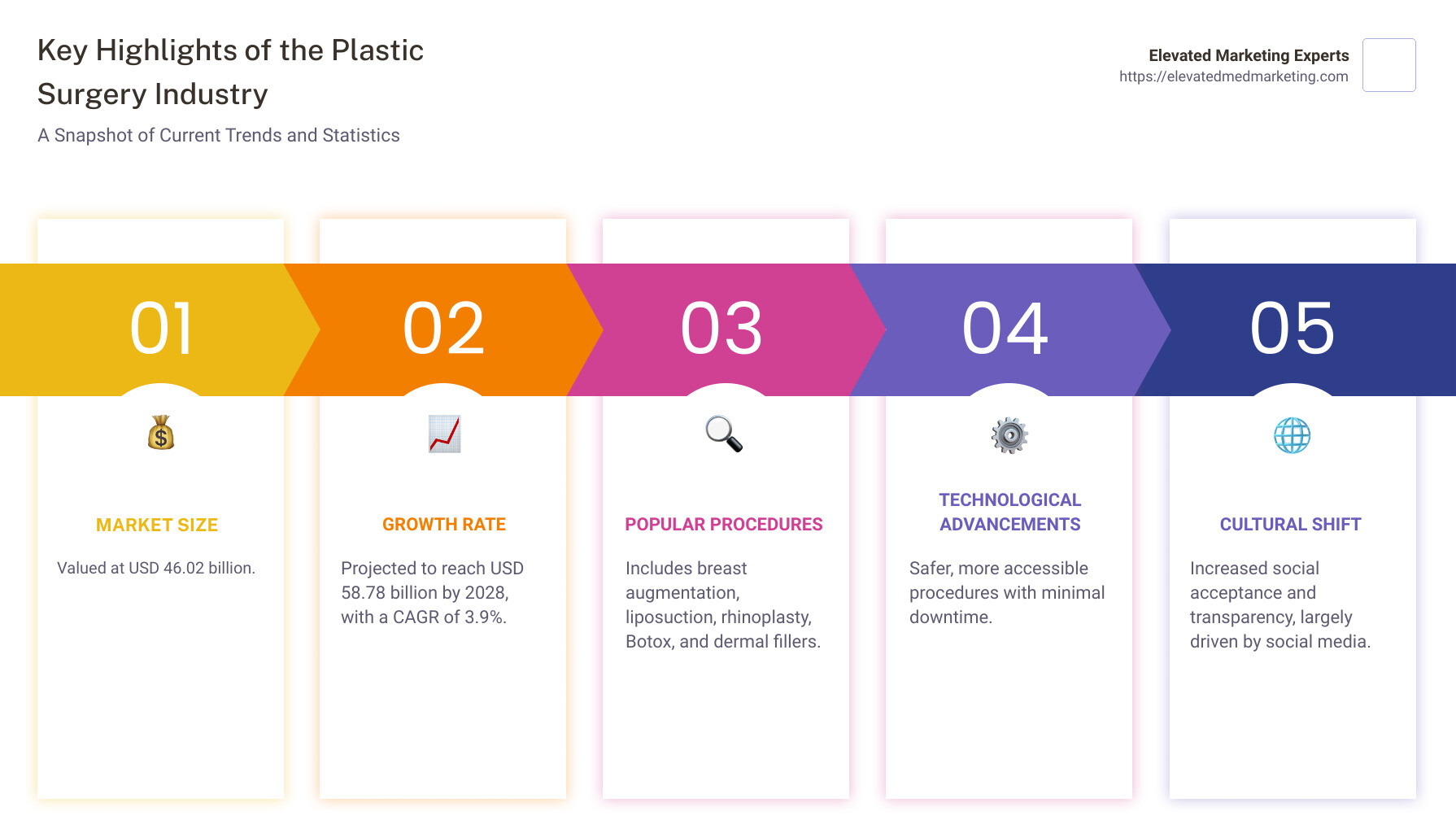 Key statistics of the plastic surgery industry - plastic surgery industry infographic pillar-5-steps