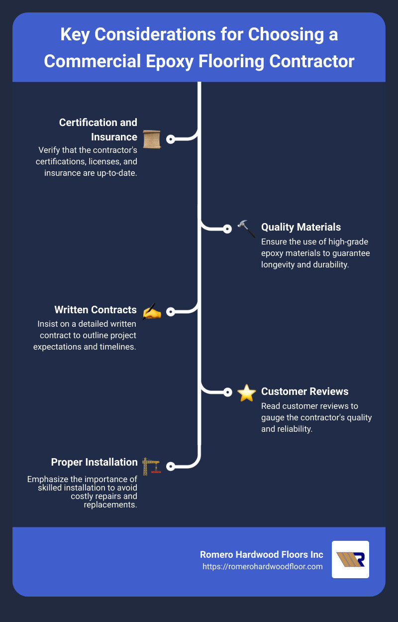 Summary of Key Considerations for Choosing a Commercial Epoxy Flooring Contractor - commercial epoxy flooring contractors near me infographic infographic-line-5-steps Summary of Key Considerations for Choosing a Commercial Epoxy Flooring Contractor - commercial epoxy flooring contractors near me infographic infographic-line-5-steps