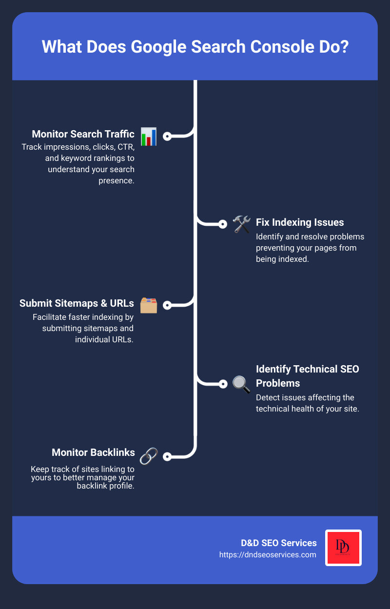 Overview of What Google Search Console Does - what does google search console do infographic infographic-line-5-steps Overview of What Google Search Console Does - what does google search console do infographic infographic-line-5-steps
