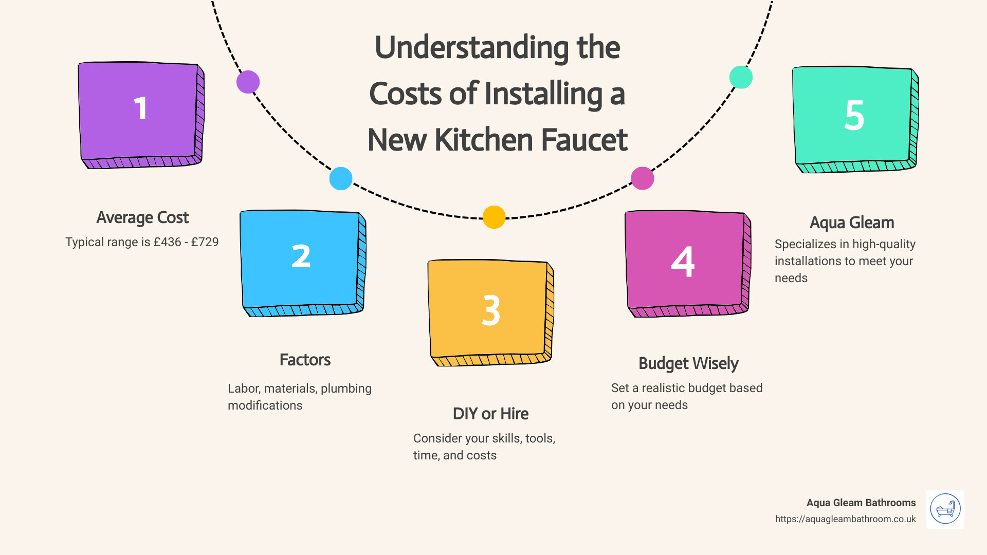 Cost breakdown infographic: Average cost to install a kitchen faucet, factors affecting costs, and decision-making tips - how much to install a kitchen faucet infographic process-5-steps-informal