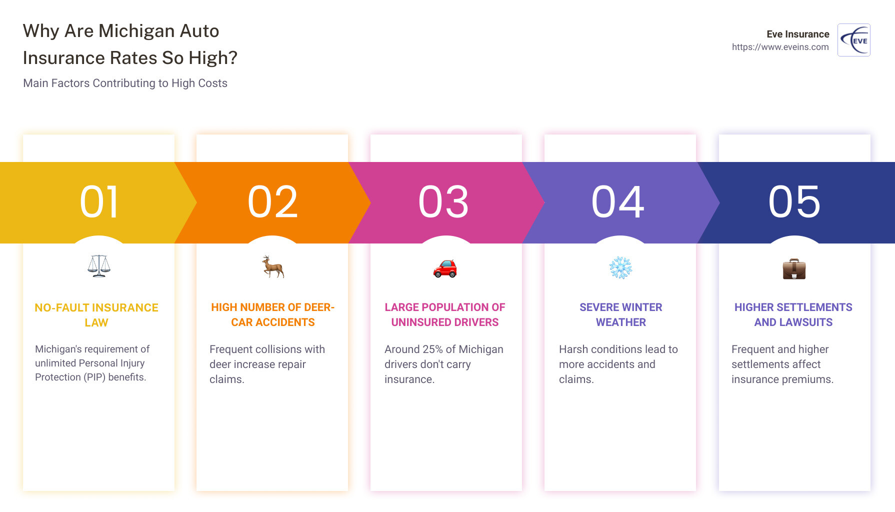 Infographic detailing key reasons for high Michigan auto insurance rates - why are michigan auto insurance rates so high infographic pillar-5-steps