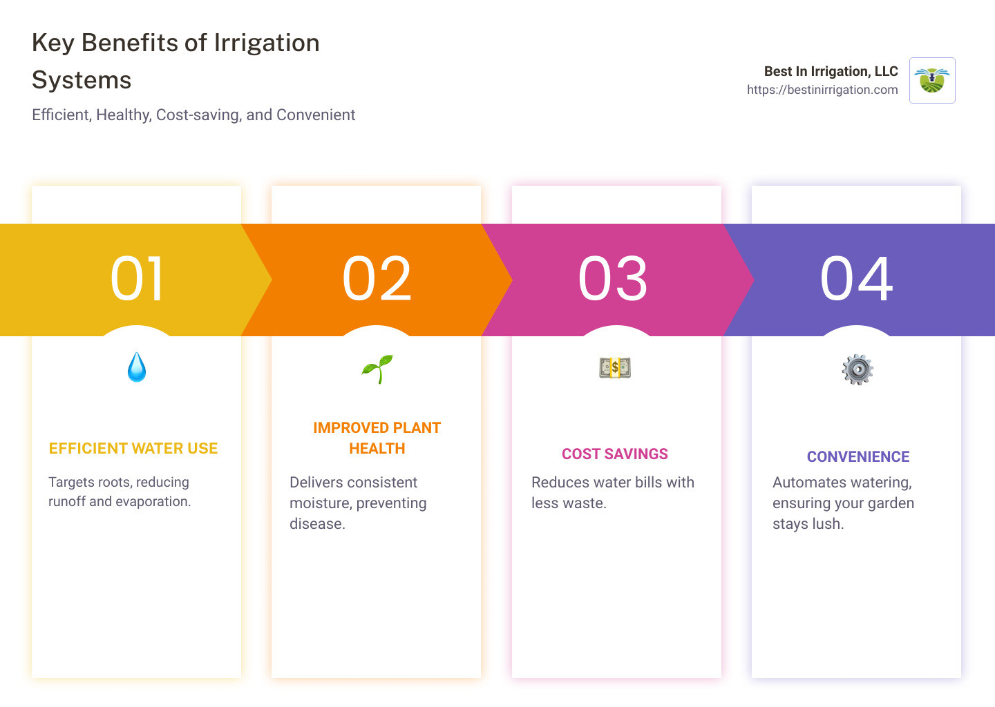 Infographic highlighting benefits of irrigation systems: efficient water use, improved plant health, cost savings, and convenience - irrigation system infographic pillar-4-steps
