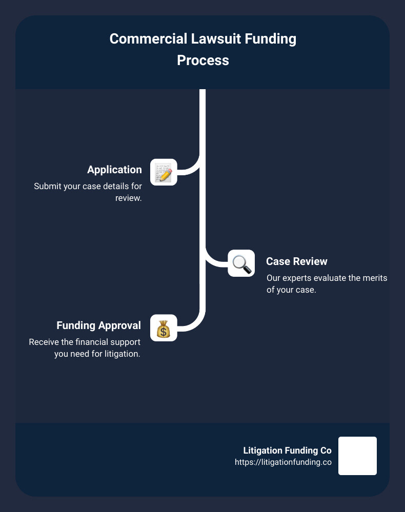 Step-by-step infographic of the commercial lawsuit funding process - commercial lawsuit funding infographic infographic-line-3-steps