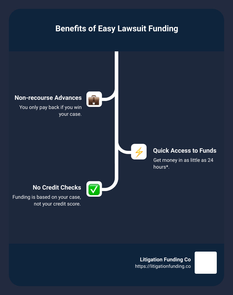 Infographic that explains the three main benefits of 'easy lawsuit funding': non-recourse advances, quick access to funds in as little as 24 hours, and no credit checks - easy lawsuit funding infographic infographic-line-3-steps