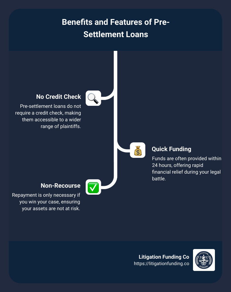 Benefits and Features of Pre-Settlement Loans: No Credit Check, Quick Funding, Non-Recourse, Financial Relief - pre-settlement loans infographic infographic-line-3-steps