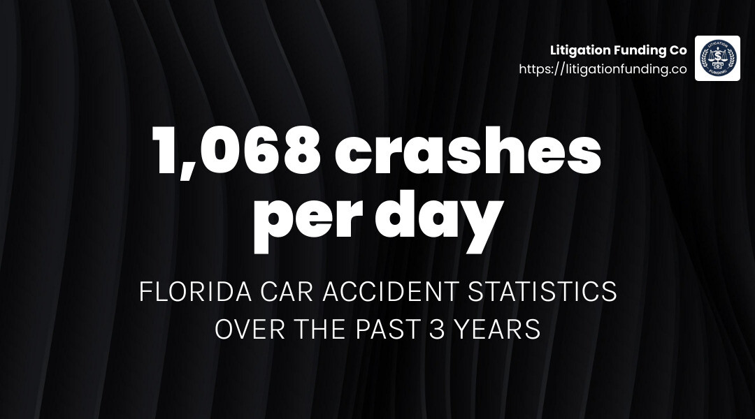 Florida Car Accident Statistics: 1,068 crashes per day on average over the past 3 years. - personal injury loans infographic simple-stat-landscape-dark