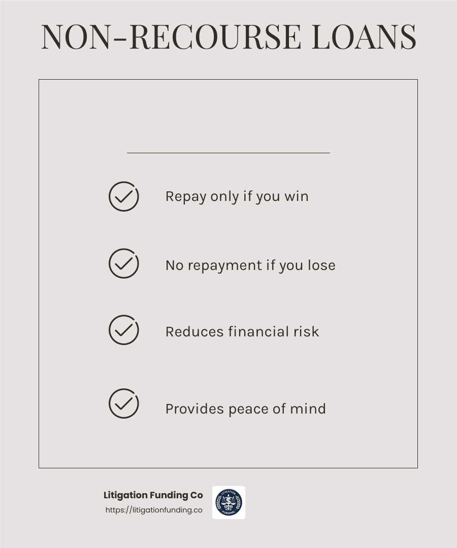 Non-recourse loans mean you only repay if you win your case - case settlement loans infographic checklist-light-beige